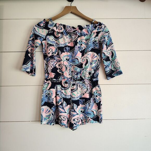 Girls Lilly Pulitzer Blue Pink Paisley Shell Romper Preppy Vacation Size L 8-10 - Picture 1 of 6